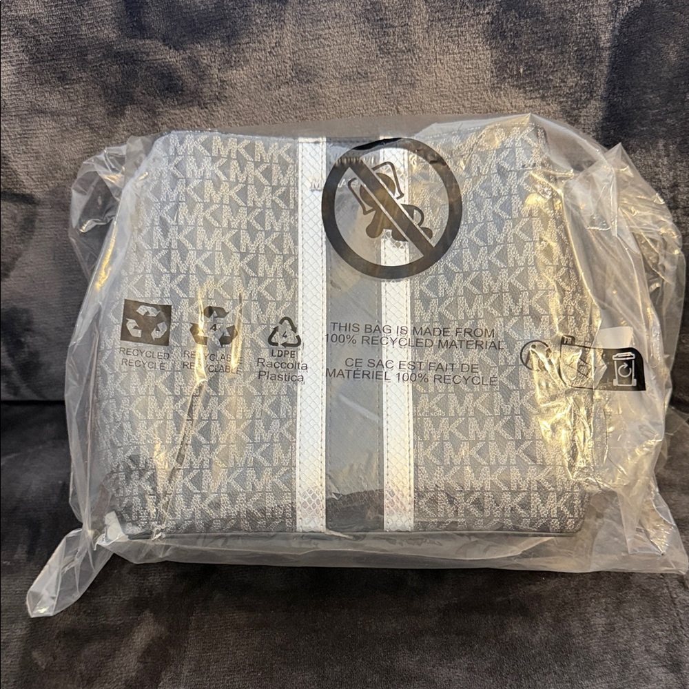 Michael Kors Gray MK Logo Cosmetic Pouch with White Stripe